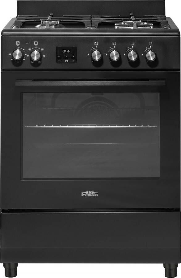 Everglades EVCK6020 Gasfornuis Mat Zwart 60CM Hoogte 89 92CM Gietijzeren Pannendragers Wokbrander Digitale Timer 8 Ovenstanden Hete Lucht Oven 56 Liter 5 Jaar Garantie