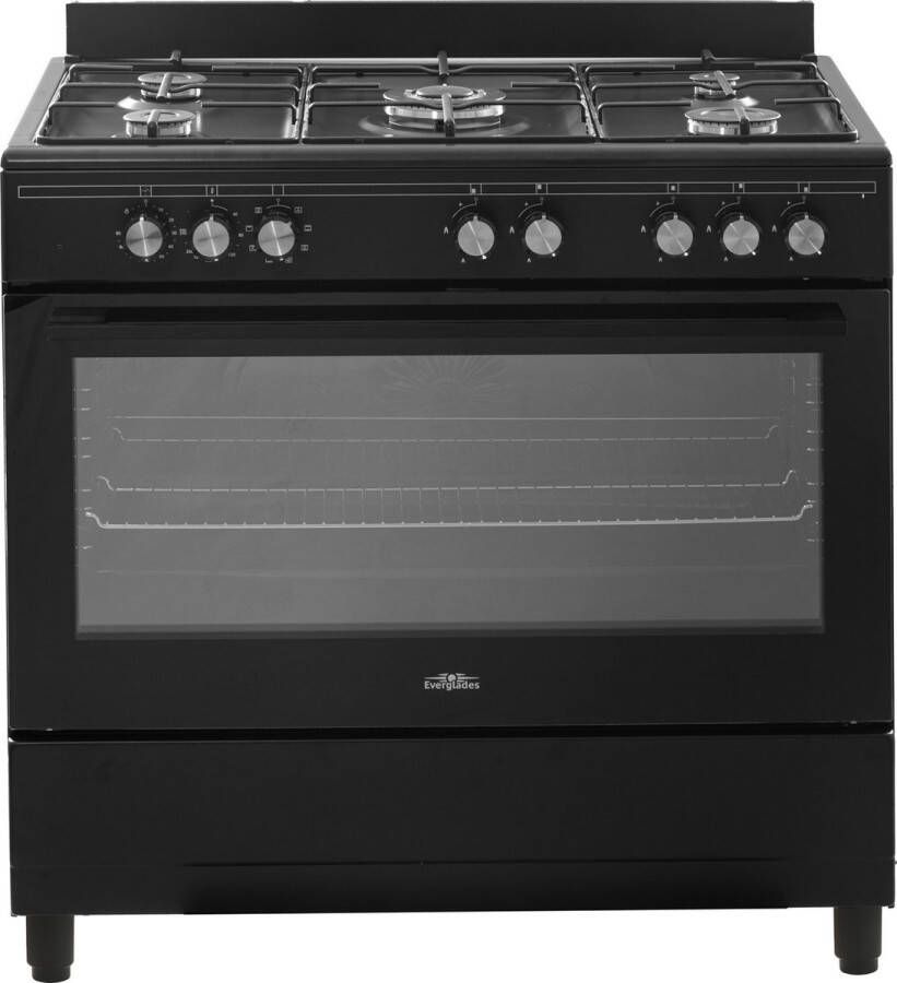 Everglades EVCK9010 Gasfornuis Mat Zwart 90CM 96 Liter 8 Ovenstanden Turbo Hete Lucht Oven Timer Wokbrander 5 Jaar Garantie