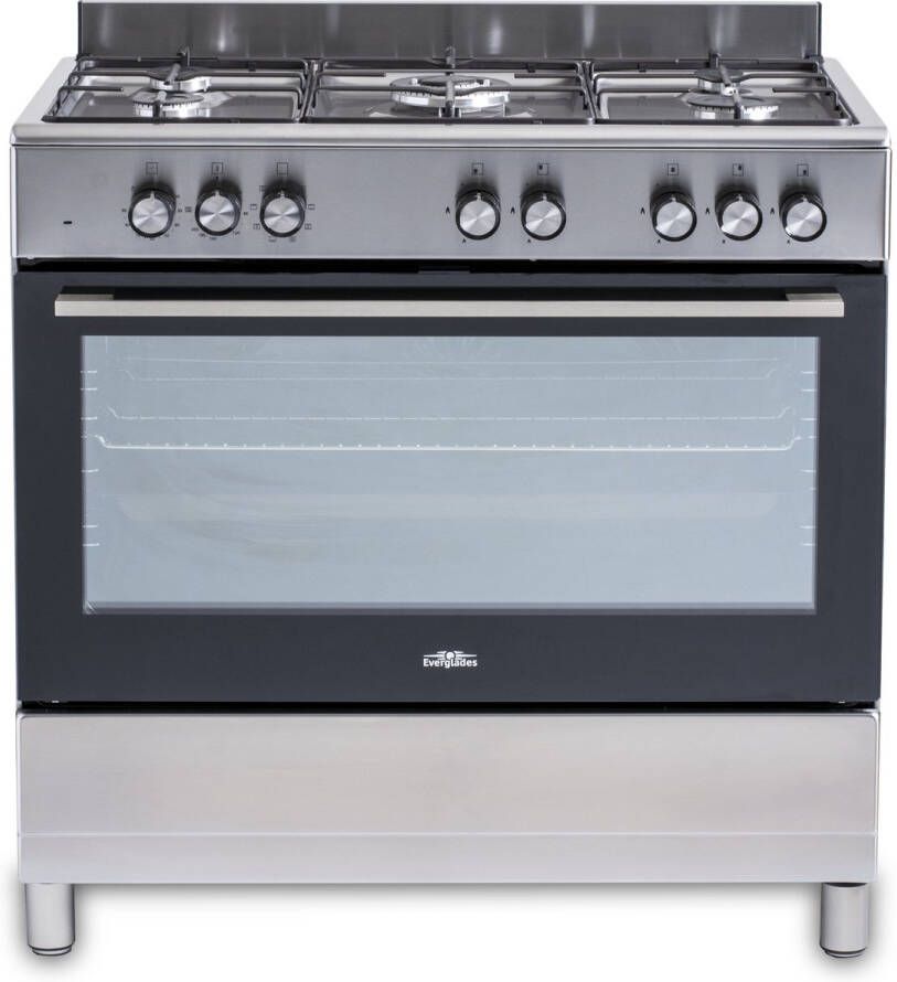 Everglades EVCK9011 Gasfornuis RVS 90CM 96 Liter 6 Ovenstanden Wokbrander Timer 5 Jaar Garantie
