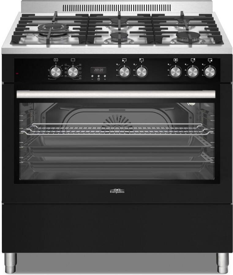 Everglades EVCK9050 Pro Gasfornuis Zwart Glas & RVS 90 CM 96 Liter 10 Ovenstanden Digitale Timer Turbo Hete Lucht Gietijzeren Pannendragers Wok Brander Links 5 Jaar Garantie