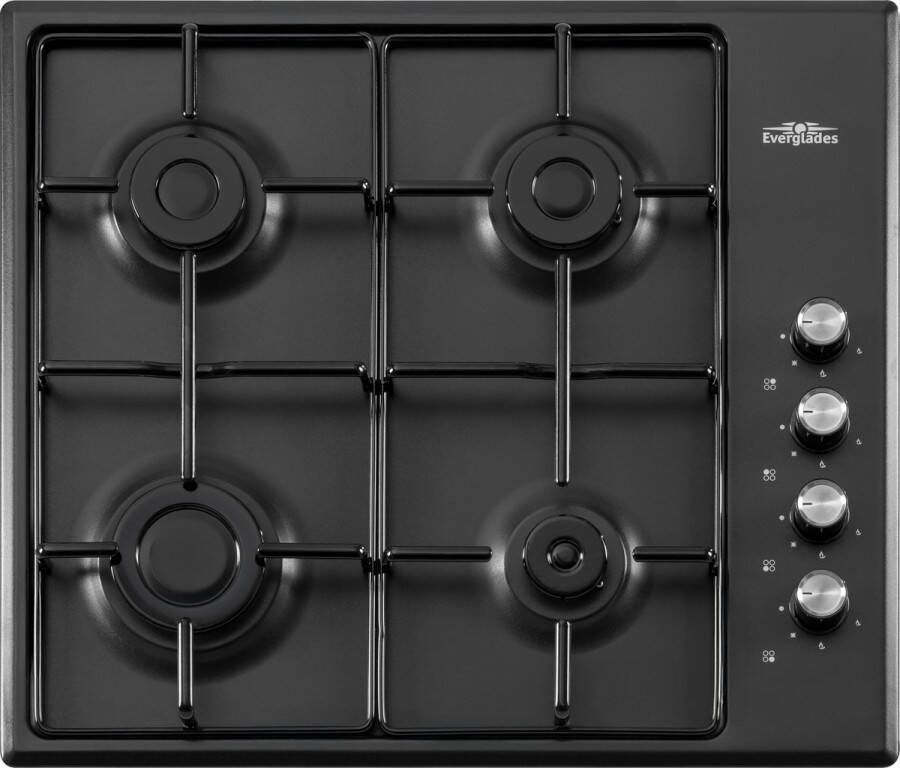 Everglades EVFH8010 Opzet Gaskookplaat Zwart 4 Pitten Vonkonsteking Vlambeveiliging 5 Jaar Garantie
