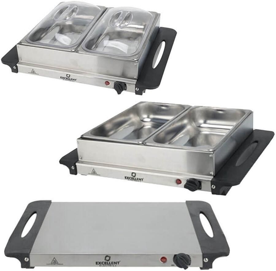Excellent Electrics Serie Elektrische Warmhoudplaat 200W Roestvrijstaal 2 Inzetstukken