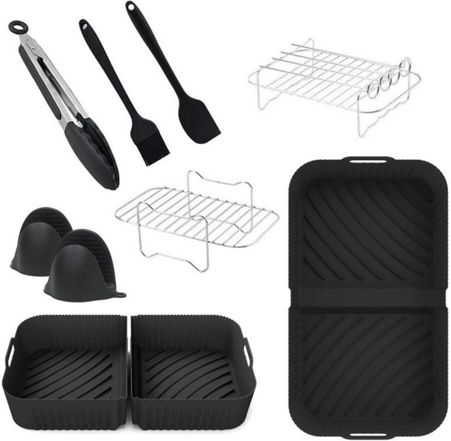 Excitat 10 Stuks Accessoires voor Friteuses Siliconen Airfryer Onderdelen Geschikt voor Ninja AF400 AF500 Geschikt voor Dual Zone 10L Twinfry Herbruikbare Bakjes Rosters en Manden Siliconen Set