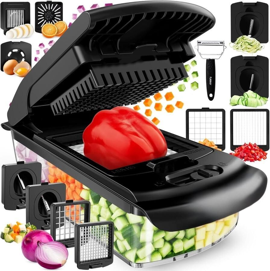 Famanu 9-in-1 groentesnijder zwart – compacte handmatige snijmachine voor salade en groenten