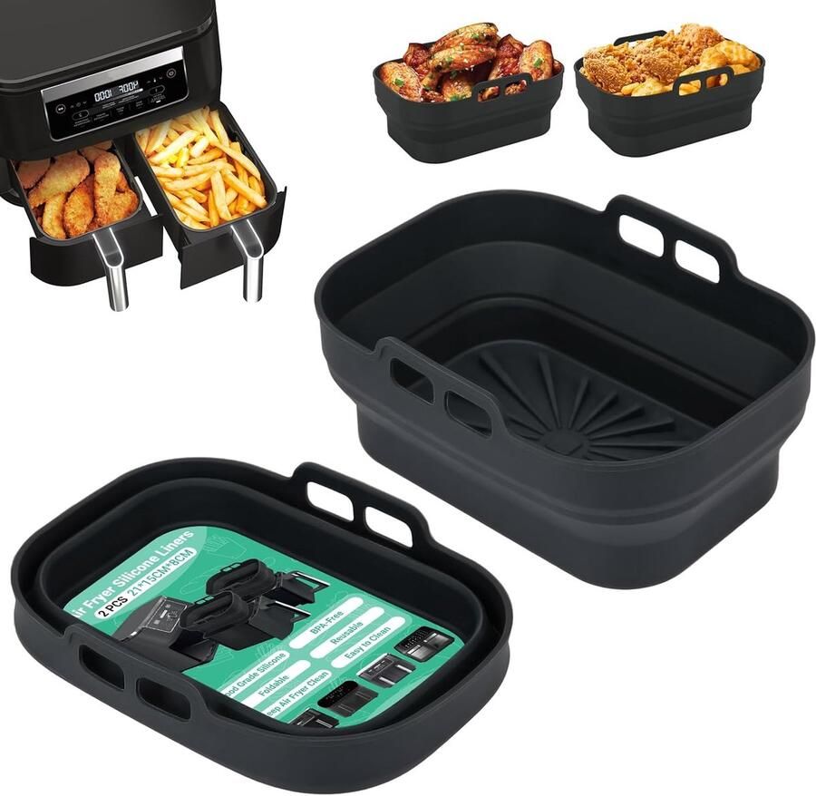 Famanu – Air Fryer Siliconen Pot 2 Stuks Airfryer Vormpjes Herbruikbare Mandjes Heteluchtfriteuse Rechthoekig Opvouwbare Tray Basket Liners voor Lucht Frituur Oven Magnetron (Zwart)