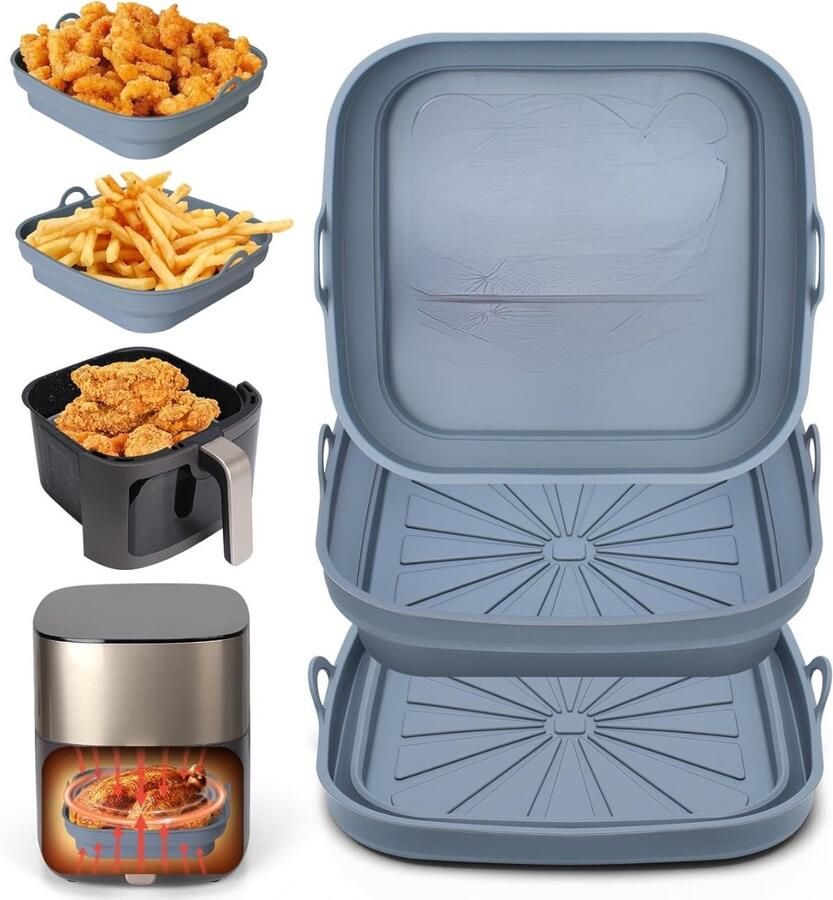 Famanu – Air Fryer Siliconen Pot 3 Stuks Airfryer Liners Herbruikbare Heteluchtfriteuse Pan Mand Vierkant Opvouwbare Tray Rack Basket Accessoires voor Lucht Frituur Magnetron Oven (Grijs)