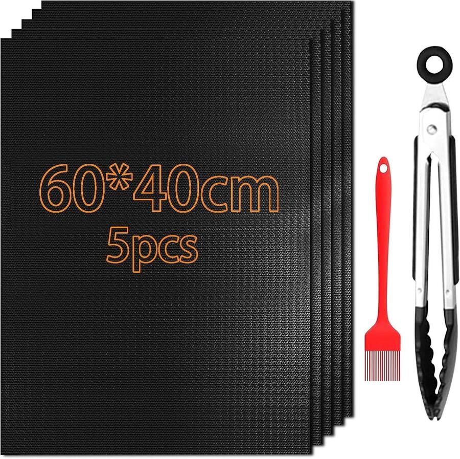 Famanu BBQ-grillmat anti-aanbak grillmatten voor gasgrill 5-delige set 40 x 60 cm grillplaat gasgrill voor houtskoolgrill bakmat bakpapier herbruikbaar grillplaat met kwast en clip