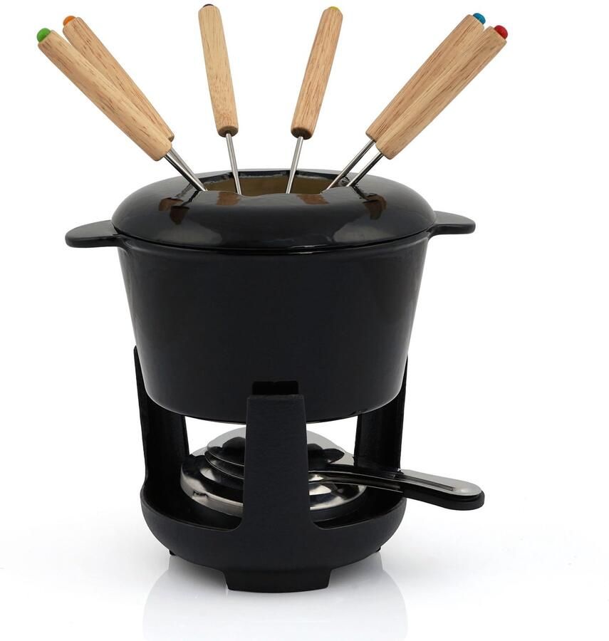 Famanu – Gietijzeren fondue set voor zes personen met brander en vorken 13-delig geschikt voor kaas vlees en chocolade