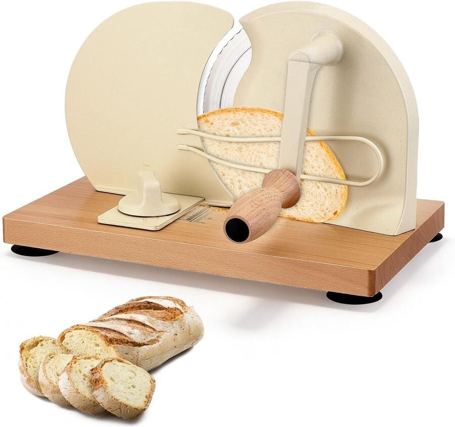 Famanu – Handmatige broodsnijmachine met houten frame en roestvrijstalen lemmet instelbare snijdikte van 0-2 cm ideaal voor gelijkmatige schijven
