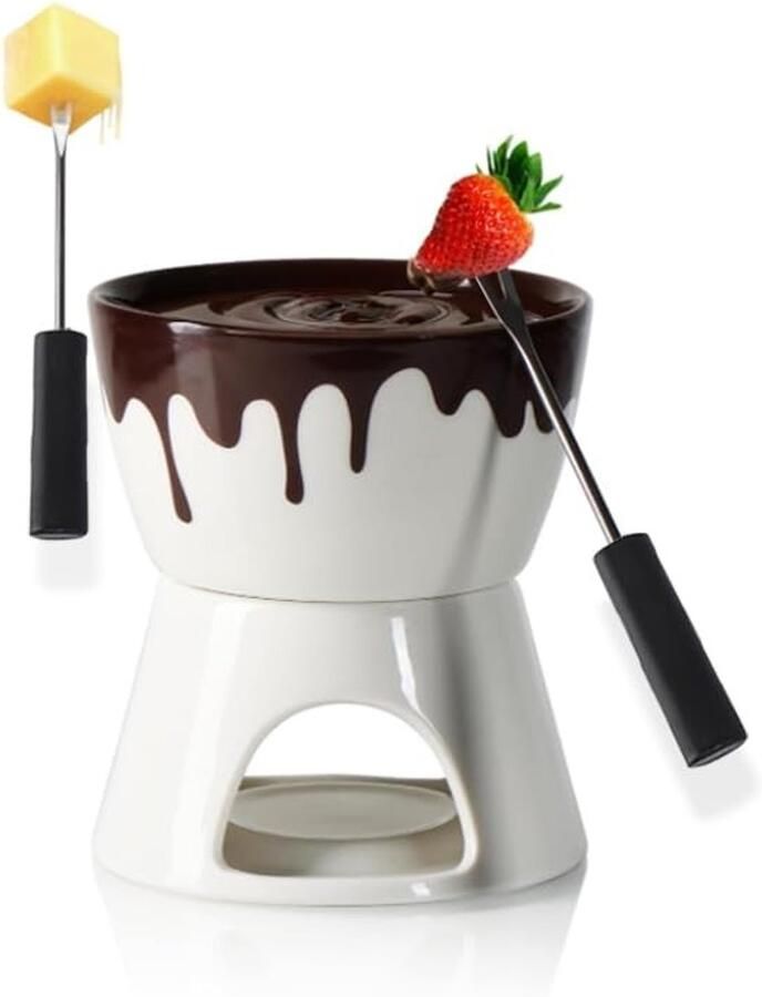 Famanu – Keramische chocolade fondueset met 2 vorken en kaars hittebestendig en geschikt voor desserts en kaas