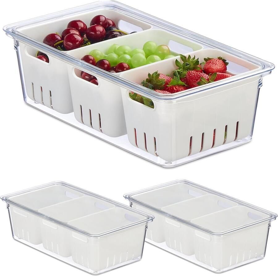 Famanu Koelkast organizer set van 3 stapelbaar met bakjes & deksel opbergbakjes voor ijskast transparant wit