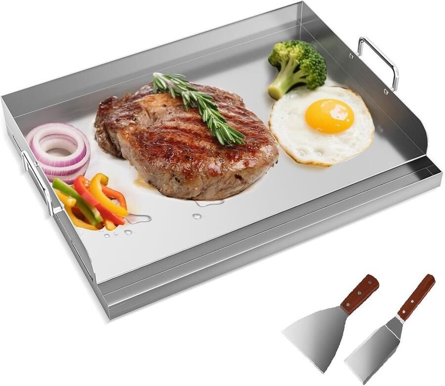 Famanu Plancha Grillplaat 54 x 41 cm plancha grillplaat met vetafvoer en 2 x grillspatel dik roestvrij staal vervormt niet gemakkelijk geschikt voor barbecue gasbarbecue en kolenbarbecue