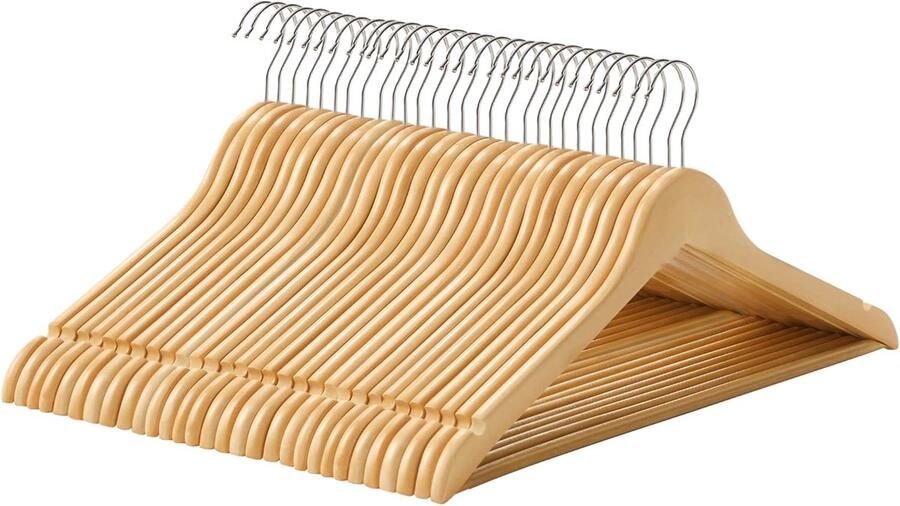 Famanu Set van 30 houten kleerhangers met groeven en antislip broekstang – Natuur