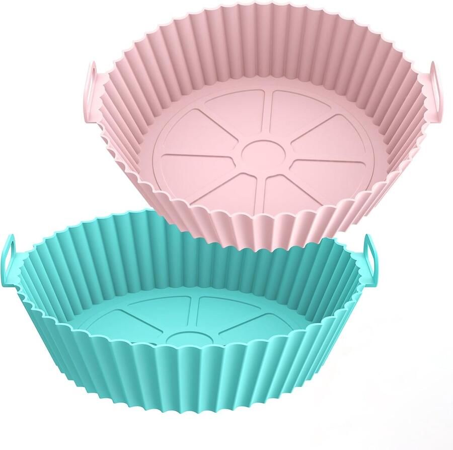 Famanu – Siliconen bakvormen voor airfryer herbruikbare airfryer mand accessoires voor airfryer met handgrepen anti-aanbakmand blauw en bruin
