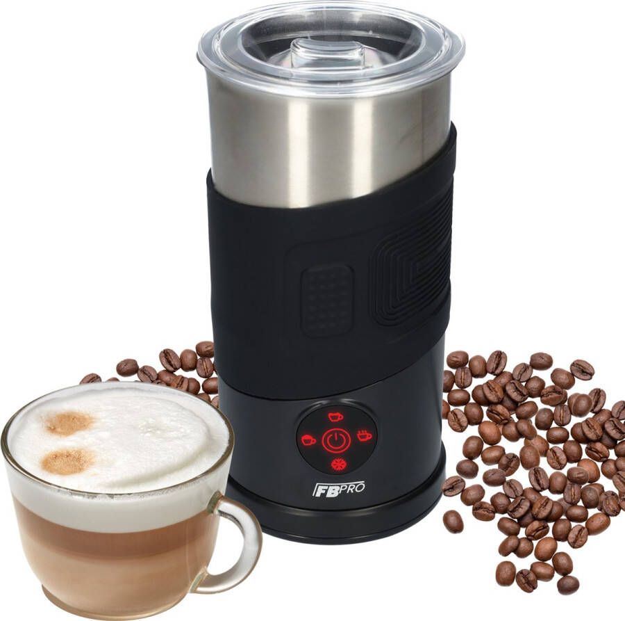 FB Pro Elektrische melkopschuimer 4-in-1 Melkschuimer Perfect voor capuccino Met schenktuit Verschillende Standen Warm en koud opschuimen Tot 350ml Makkelijk schoon te maken Verwarmingselement met zuignappen en 90cm snoer Zwart