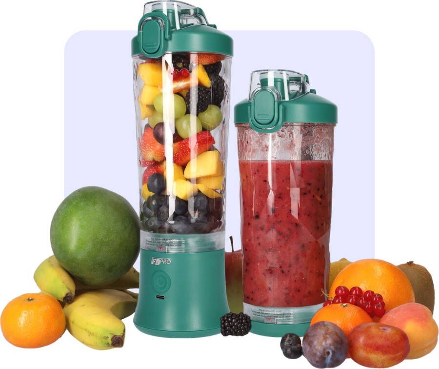 FB Pro Krachtige Draadloze Blender To Go Smoothie Maker voor Onderweg Draagbare Blender met Drinkdop Mixer voor smoothies Draadloos opladen mogelijk! Handmixer voor gezonde drankjes 600ml Groen