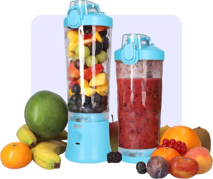 FB Pro Krachtige Draadloze Blender To Go Smoothie Maker voor Onderweg Draagbare Blender met Drinkdop Mixer voor smoothies Draadloos opladen mogelijk! Handmixer voor gezonde drankjes 600ml Blauw