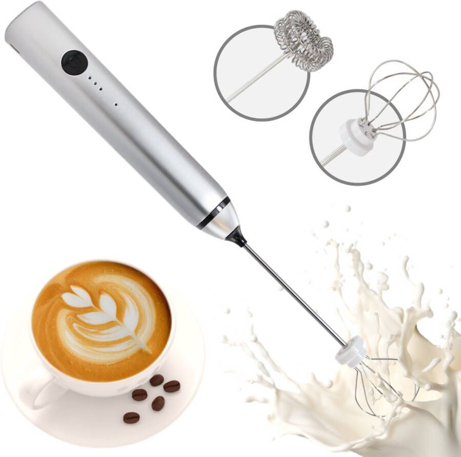 FB Pro Melkopschuimer Elektrisch met 3 standen Sterke melk opschuimer Oplaadbaar via Micro USB Melkklopper met 2 opzetstukjes Zilver