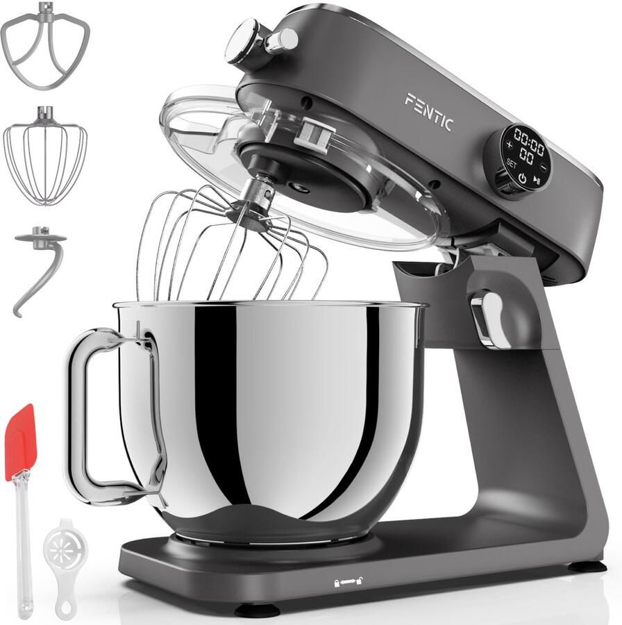 Fentic Keukenmachine 1800W 7l RVS Mengkom Keukenrobot met Alunimium Behuizing Incl. Menghaak Garde Deeghaak en Extra Accessoires Met Timer en 10 Snelheden