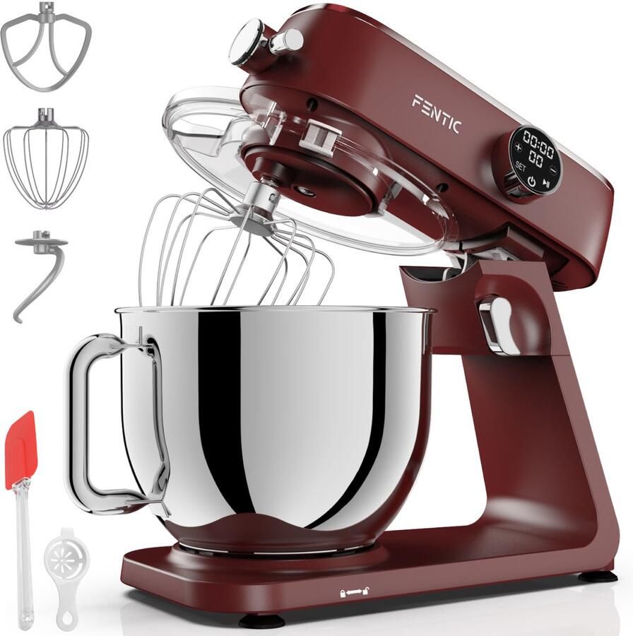 Fentic Keukenmachine 1800W 7l RVS Mengkom Keukenrobot met Alunimium Behuizing Incl. Menghaak Garde Deeghaak en Extra Accessoires Met Timer en 10 Snelheden