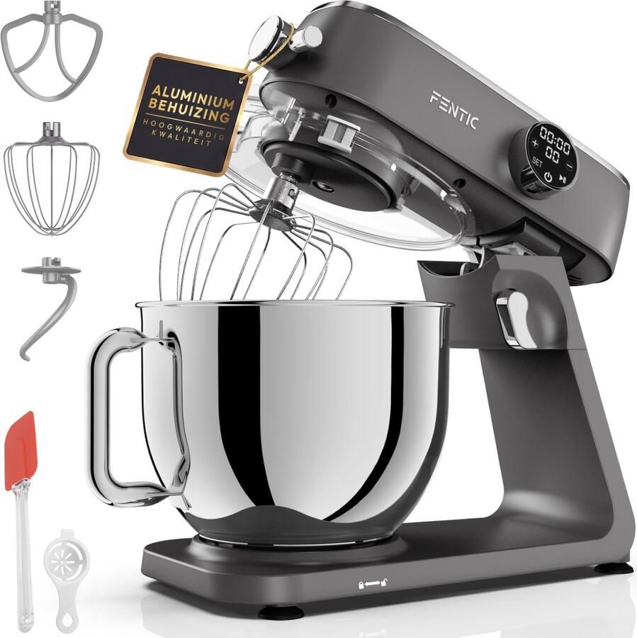 Fentic Keukenmachine 1800W 7l RVS Mengkom Keukenrobot met Aluminium Behuizing Incl. Menghaak Garde Deeghaak en Extra Accessoires Met Timer en 10 Snelheden