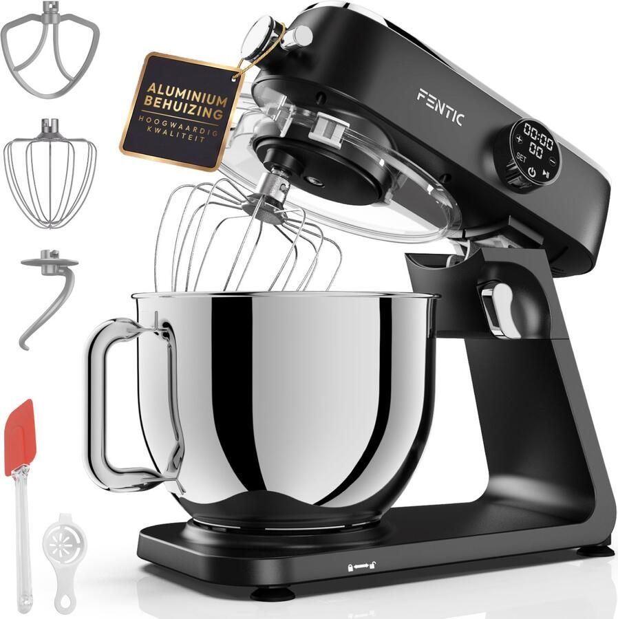 Fentic Keukenmachine 1800W 7l RVS Mengkom Keukenrobot met Alunimium Behuizing Incl. Menghaak Garde Deeghaak en Extra Accessoires Met Timer en 10 Snelheden