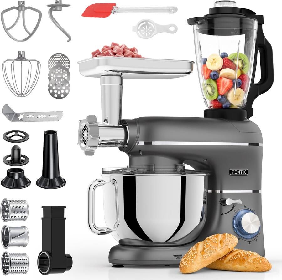 Fentic Keukenmachine – 2000W – Keukenrobot – Foodprocessor 6 2L Mengkom – Incl. Vleesmolen Blender en extra Accessoires – Antraciet