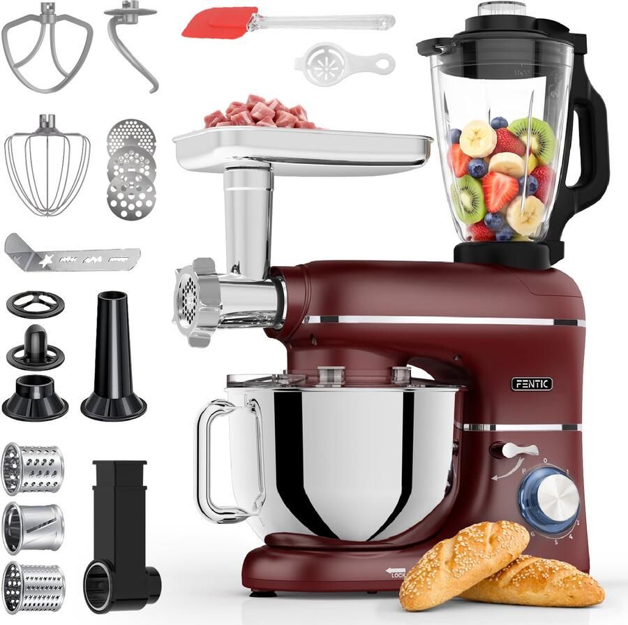 Fentic Keukenmachine – 2000W – Keukenrobot – Foodprocessor 6 2L Mengkom – Incl. Vleesmolen Blender en extra Accessoires – Rood