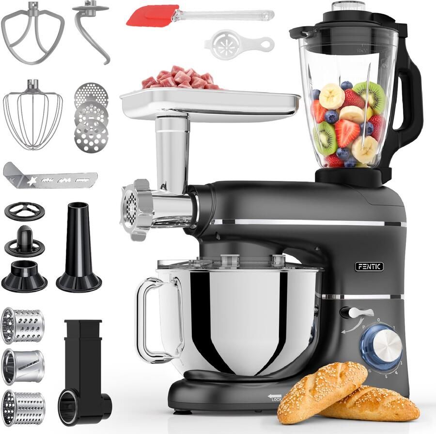 Fentic Keukenmachine – 2000W – Keukenrobot – Foodprocessor 6 2L Mengkom – Incl. Vleesmolen Blender en extra Accessoires – Zwart