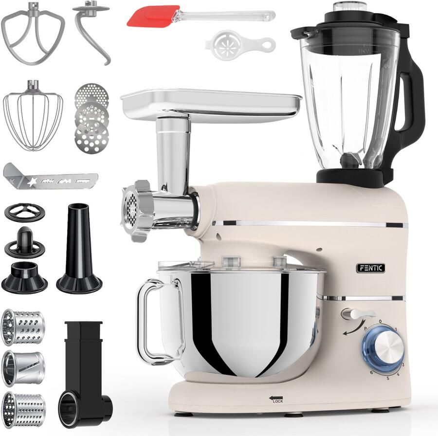 Fentic Keukenmachine – 2000W – Keukenrobot – Foodprocessor 6 2L Mengkom – Incl. Vleesmolen Blender en extra Accessoires – Beige