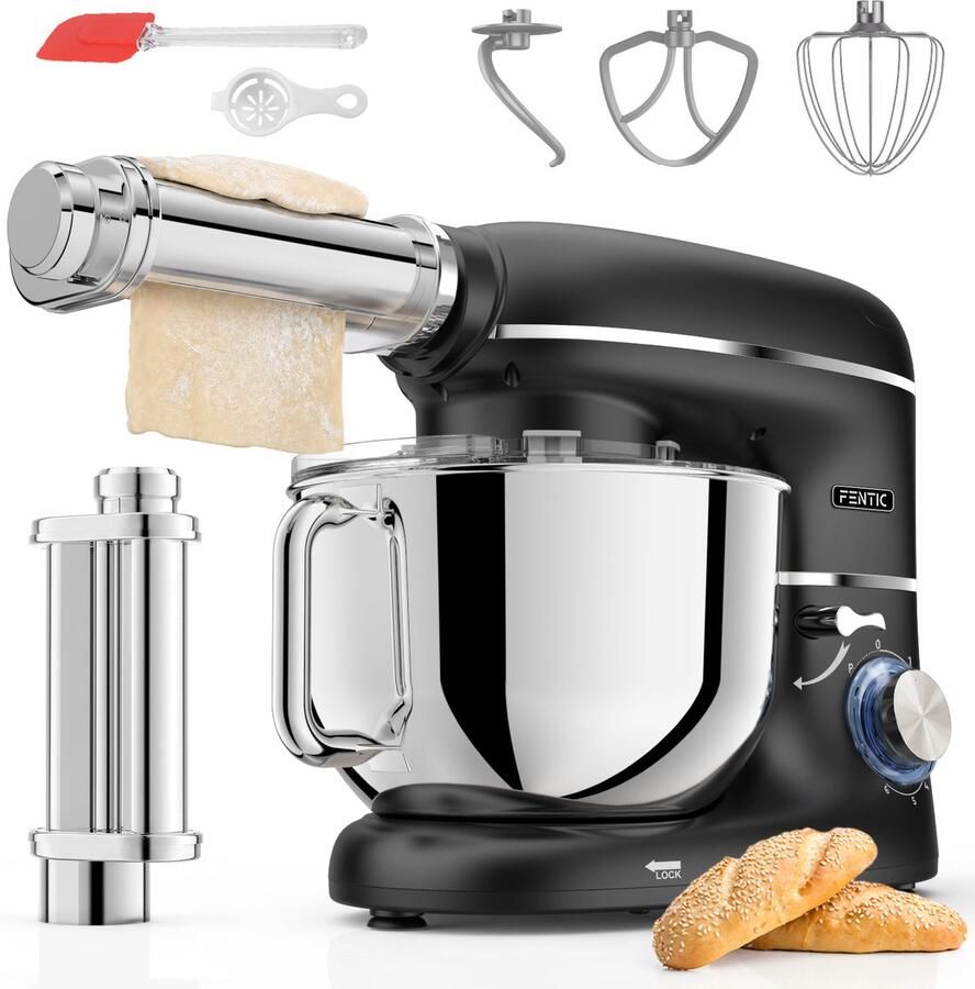 Fentic Keukenmachine 2000W Keukenrobot Incl. Pastaroller en extra accessoires 6 2L Mengkom Foodprocessor Pastamachine Zwart