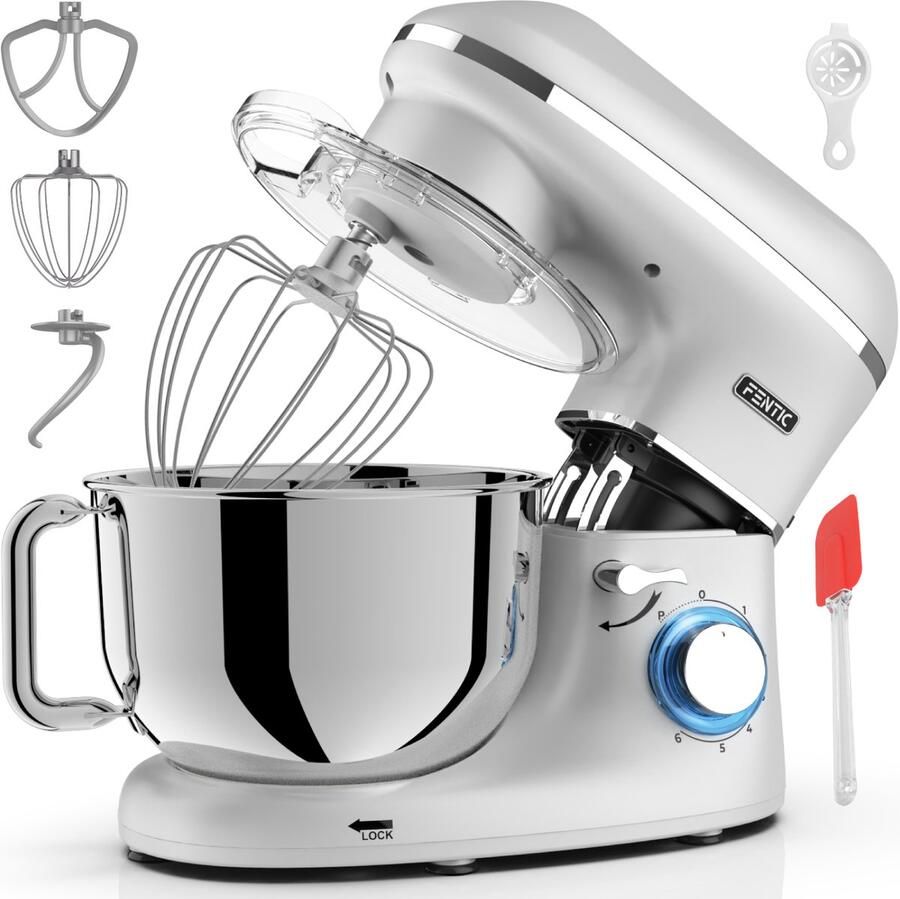 Fentic Keukenmachine 2000W RVS Mengkom (6 2 L) Keukenrobot Foodprocessor Mixer met Garde Deeghaak en Menghaak Incl. extra Accessoires Zilver