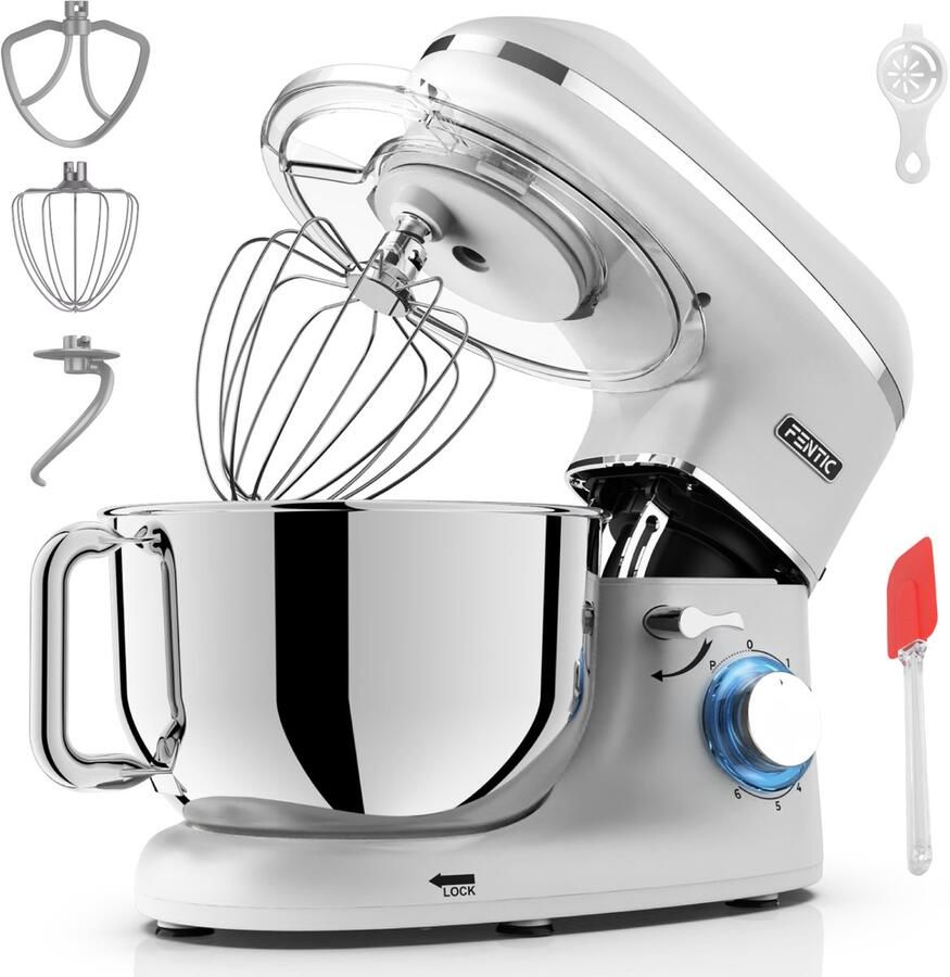 Fentic Keukenmachine 2000W RVS Mengkom (6 2 L) Keukenrobot Foodprocessor Mixer met Garde Deeghaak en Menghaak Incl. extra Accessoires Zilver