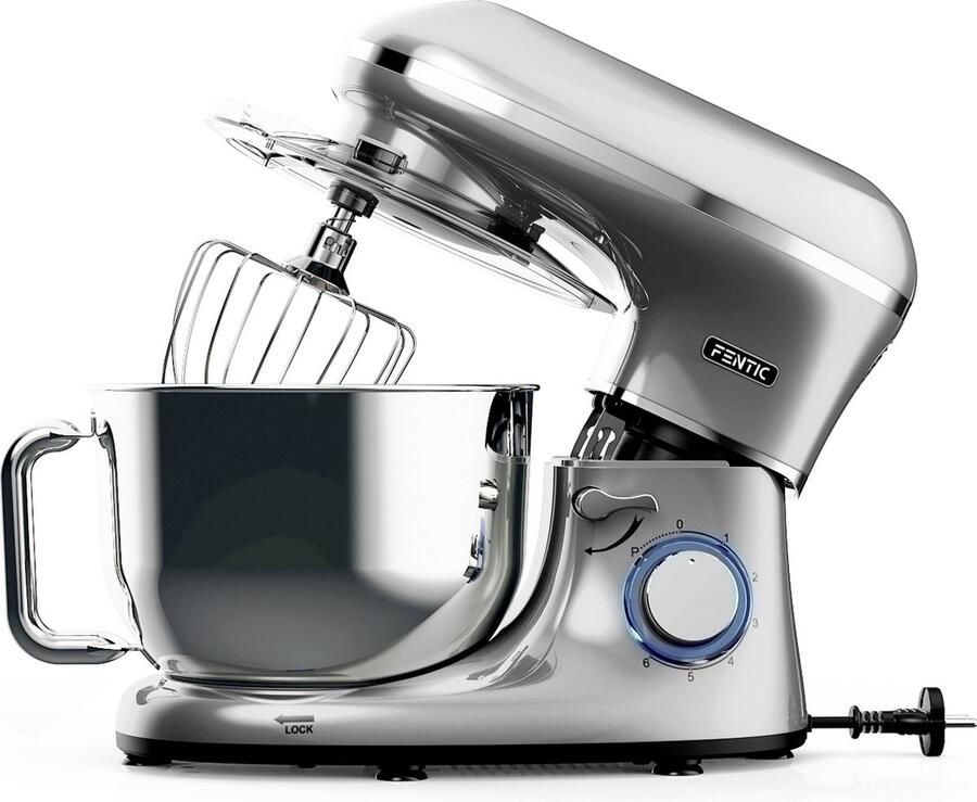 Fentic Keukenmachine 2000W RVS Mengkom (6 2 L) Keukenrobot Mixer met Garde Deeghaak en Menghaak Incl. extra Accessoires Zilver