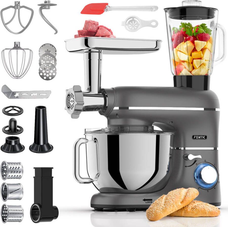 Fentic Keukenmachine – 2000W – Keukenrobot – Foodprocessor 6 2L Mengkom – Incl. Vleesmolen Blender en extra Accessoires – Antraciet