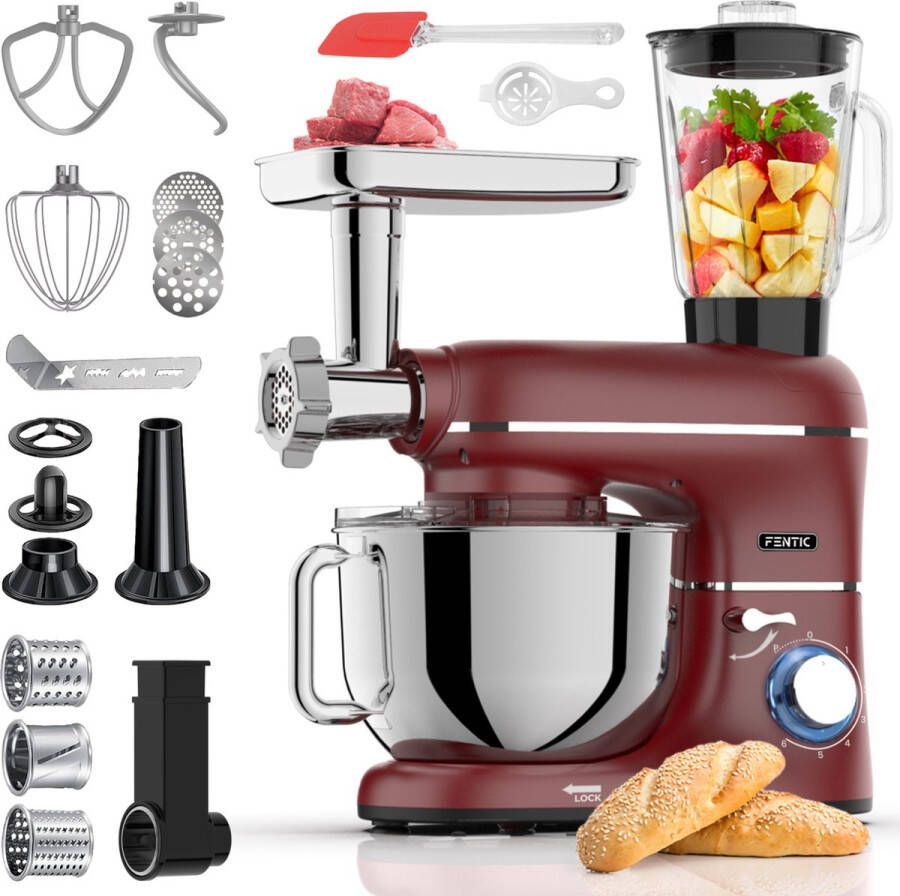 Fentic Keukenmachine – 2000W – Keukenrobot – Foodprocessor 6 2L Mengkom – Incl. Vleesmolen Blender en extra Accessoires – Rood