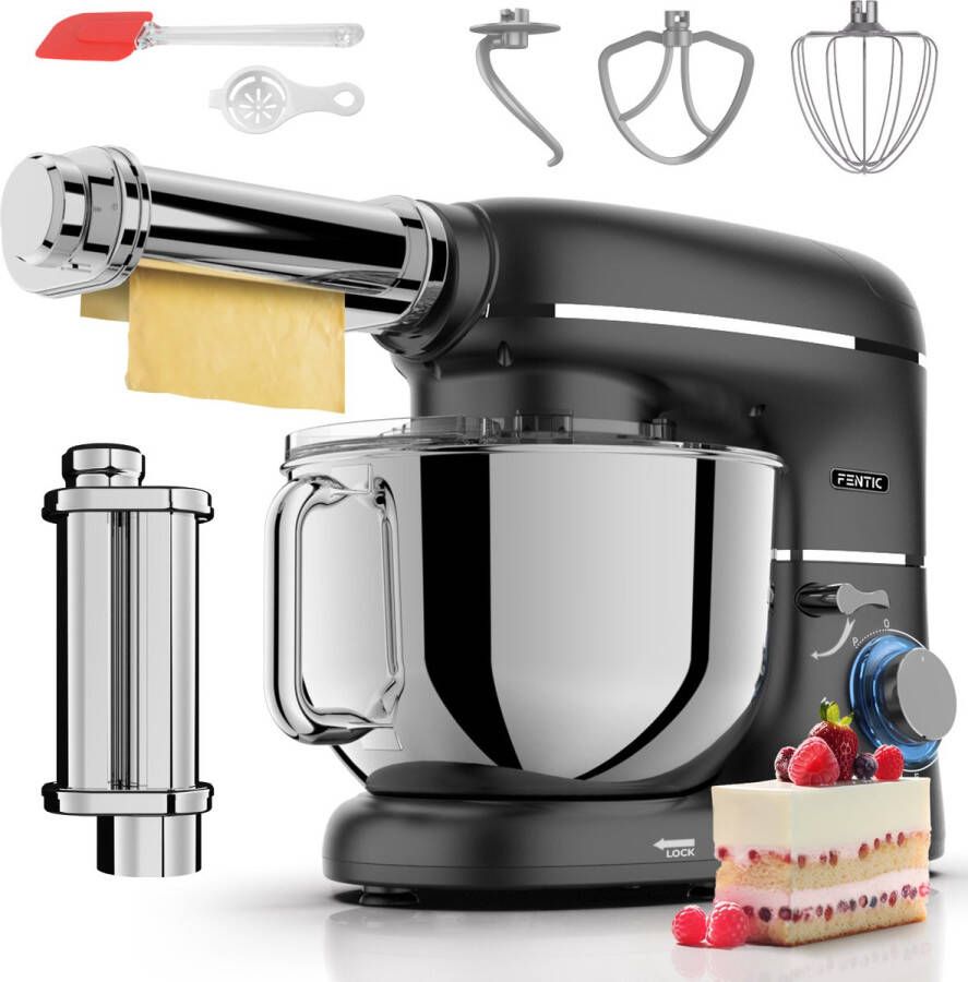 Fentic Keukenmachine 2000W Keukenrobot Incl. Pastaroller en extra accessoires 6 2L Mengkom Foodprocessor Pastamachine Zwart