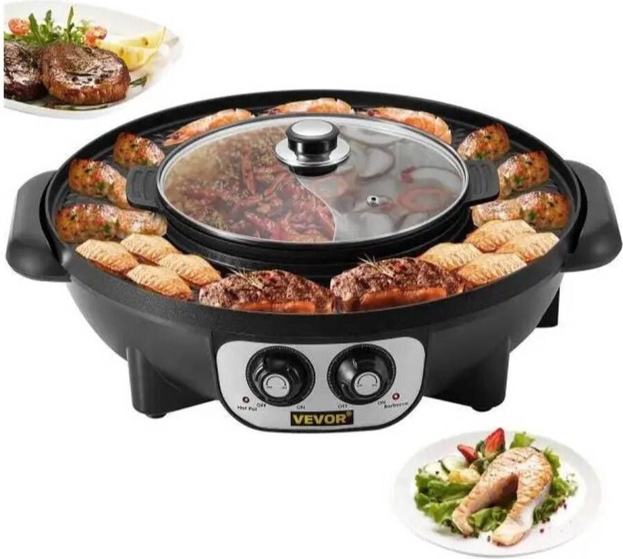 FIBILA 2-in-1 Elektrische Hot Pot BBQ Grill Hotpot Multifunctionele Grillpan Tafelpan Draagbare BBQ Pan 2200W Vermogen Anti-aanbak en Eenvoudig Schoon te Maken Ideaal voor Thuis Familie en Feesten