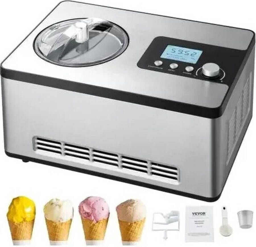 FIBILA Automatische Ijsmachine met Ingebouwde Compressor Ijsmaker zonder Voorvriezen Sorbet maker Yoghurtmaker 2 Liter Capaciteit LCD Display 180W Vermogen Geluidsarm Eenvoudige Bediening Recepten Inbegrepen