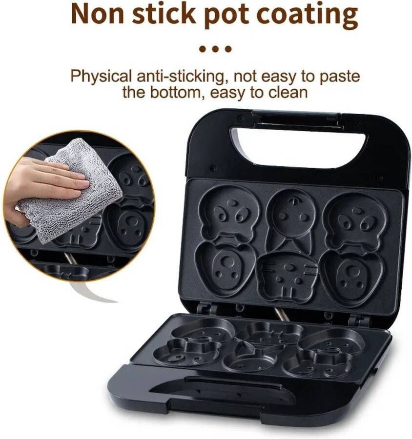 FIBILA Elektrische Wafelijzer Wafelmaker Wafelpers Wafelgrill Wafelvormer Cartoon ontwerp 6 Vormen Elektrisch Zwart