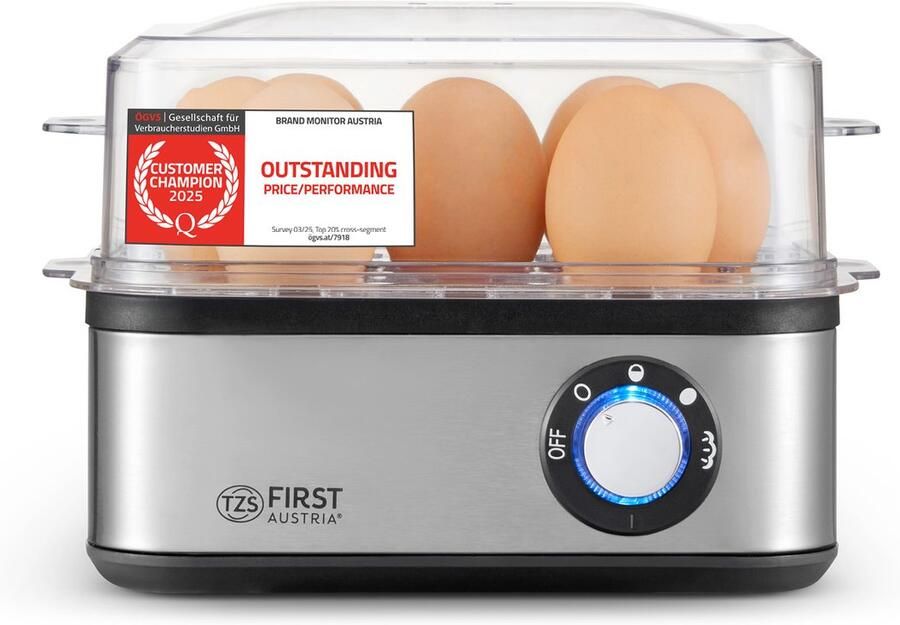 TZS FIRST AUSTRIA Eierkoker Elektrisch 8 Eieren 500W 4 Kookstanden + Stoomfunctie Automatische Uitschakeling Zilver