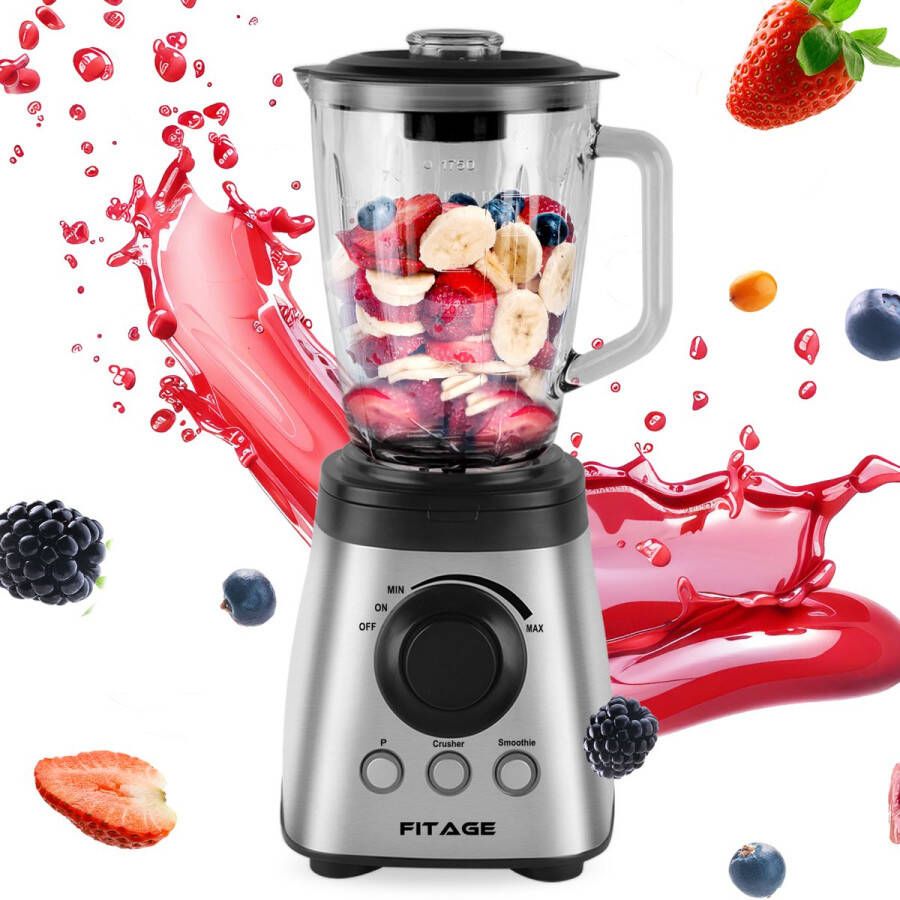 FITAGE Blender Glazen Kan 1.9L Blender Smoothie Maker gehard Glas Keukenblender 1200W Vaatwasser bestendig RVS - Foto 2