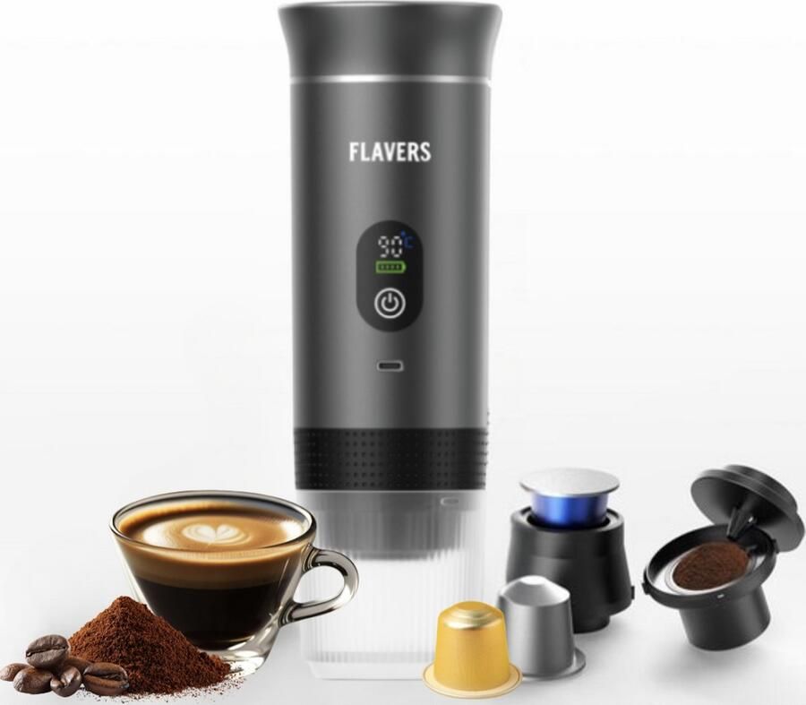 Flavers Draagbare Elektrische Espressomachine Grijs Koffiezet apparaat voor Onderweg Capsules & Gemalen Koffie Portable Espresso Machine Cadeauset koffiemaatje Draagbare Koffiemachine Reis & Camping Koffiezetapparaat