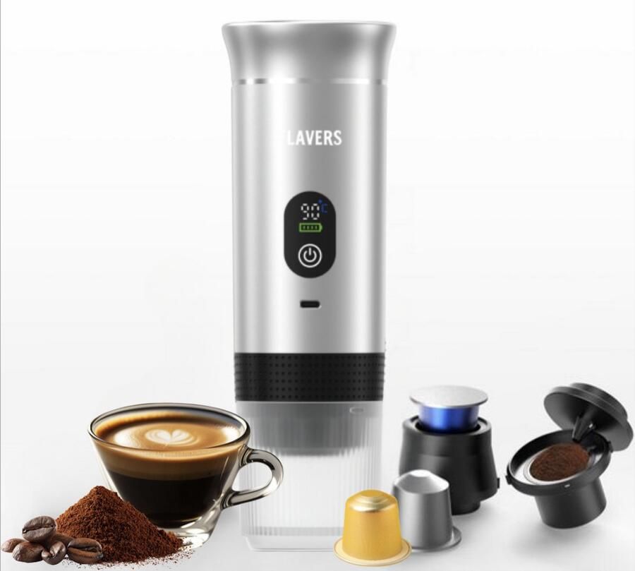 Flavers Draagbare Elektrische Espressomachine Zilver Koffiezet apparaat voor Onderweg Capsules & Gemalen Koffie Portable Espresso Machine Cadeauset koffiemaatje Draagbare Koffiemachine Reis & Camping Koffiezetapparaat