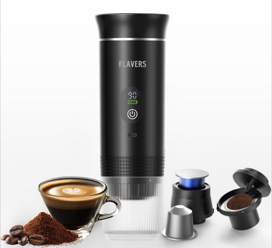 Flavers Draagbare Elektrische Espressomachine Zwart Koffiezet apparaat voor Onderweg Capsules & Gemalen Koffie Portable Espresso Machine Cadeauset koffiemaatje Draagbare Koffiemachine Reis & Camping Koffiezetapparaat