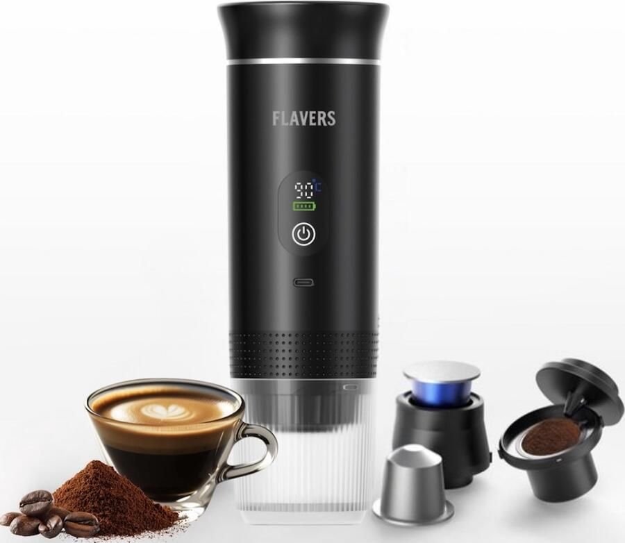 Flavers Draagbare Koffiemachine 2026 model Draagbare Elektrische Espressomachine Zwart Koffiezet apparaat voor Onderweg Capsules & Gemalen Koffie Portable Espresso Machine Cadeauset koffiemaatje Reis & Camping Koffiezetapparaat