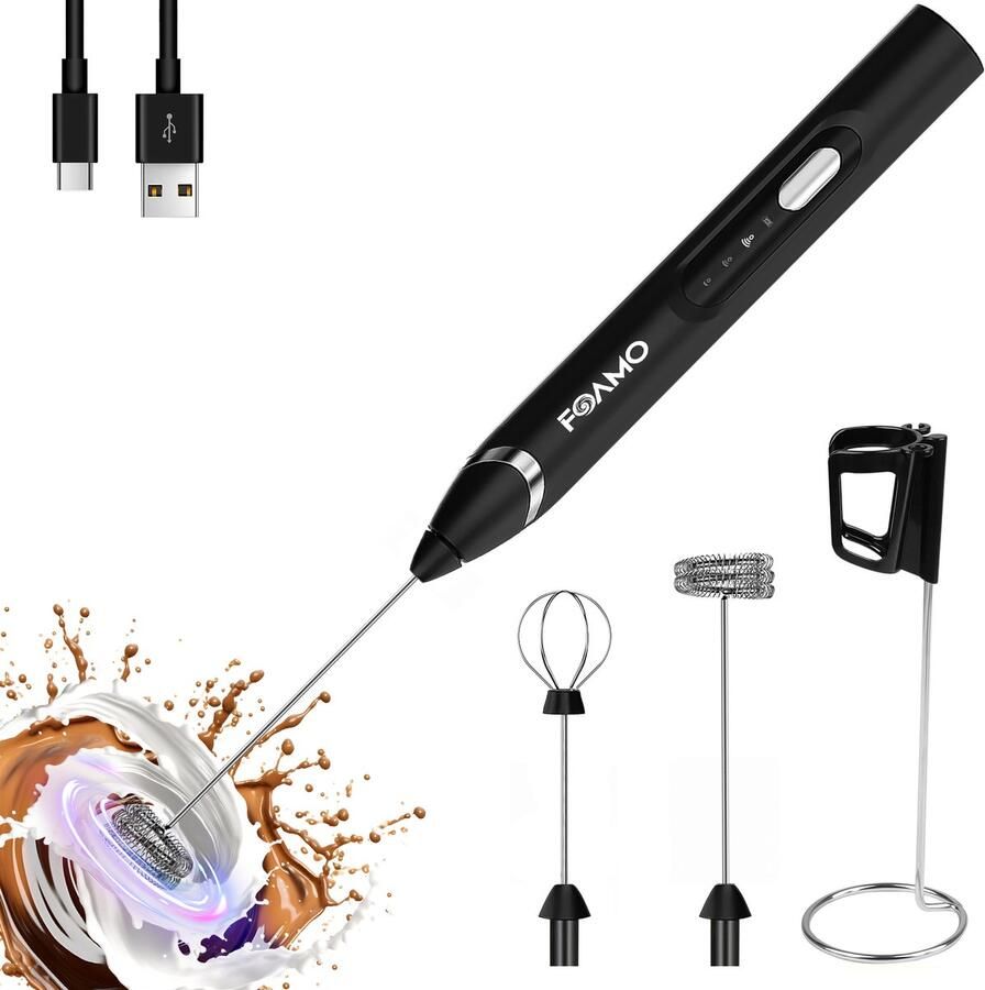 Foamo Luxe Melkopschuimer & Eiklopper Hand Melkschuimer Electrisch Matcha Klopper Elektrisch Melkklopper Oplaadbaar Opschuimer voor Melk Kleine Mixer Handmatig USB Oplaadbaar 3 Snelheden Zwart