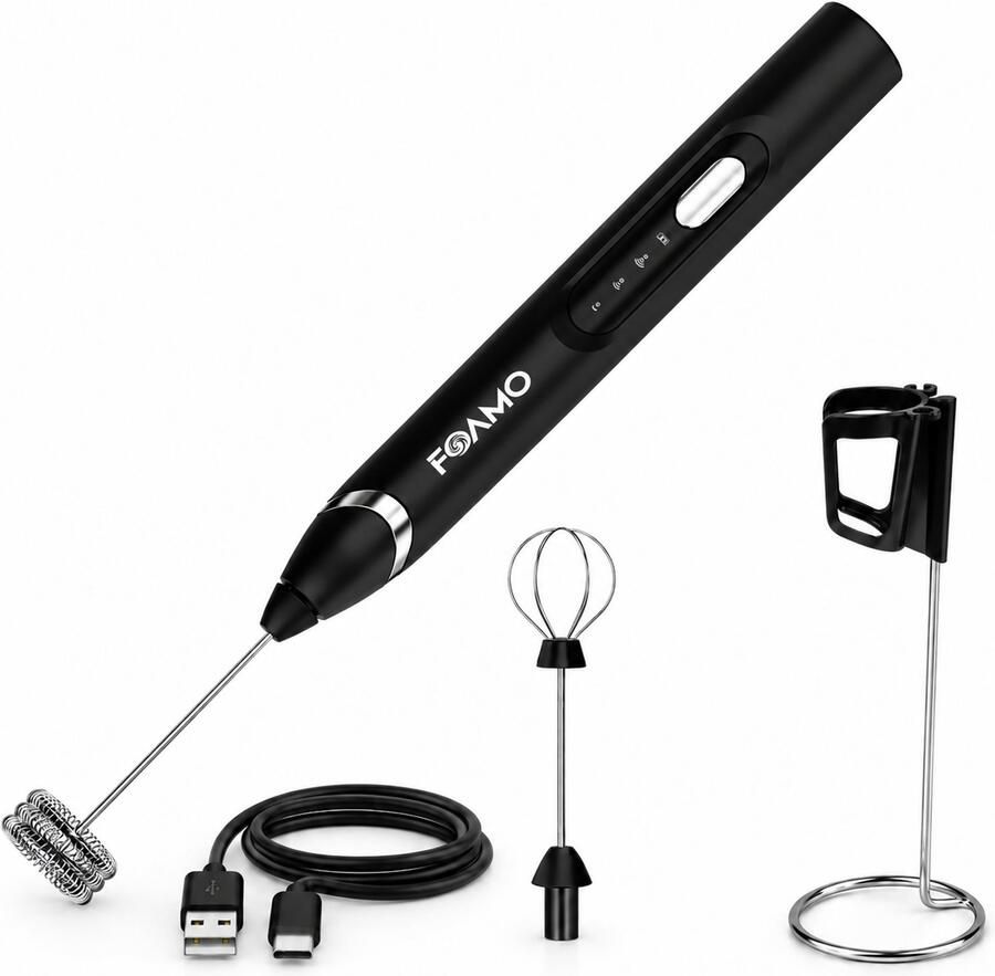 Foamo Luxe Melkopschuimer & Eiklopper Hand Melkschuimer Electrisch Matcha Klopper Elektrisch Melkklopper Oplaadbaar Opschuimer voor Melk Kleine Mixer Handmatig USB Oplaadbaar 3 Snelheden Zwart