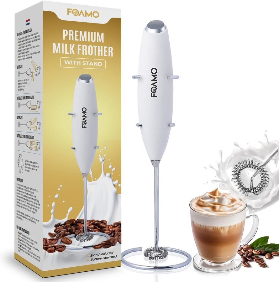 Foamo Melkopschuimer Electrisch Handmatige Melkschuimer Elektrische Melkklopper voor Cappuccino en Matcha Milk Frother op Batterijen Wit