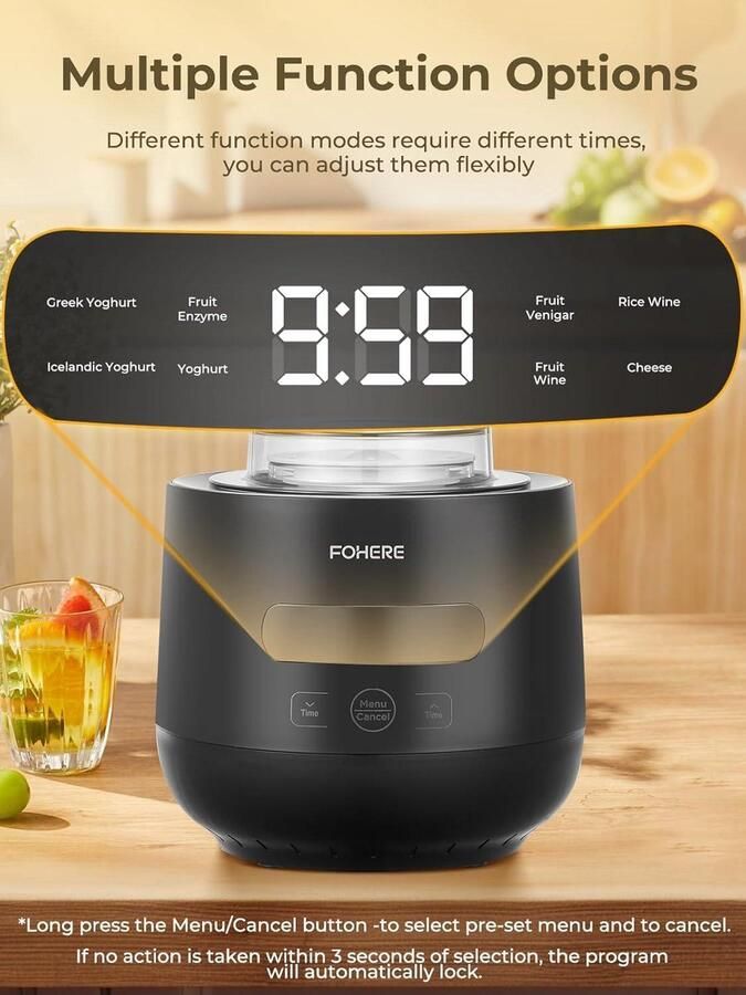 FOHERE B20T1 Yoghurtmaker – 8 Programma's – 2 XXL Glazen Potten 2L & 1 4L – 4 Keramische Bekers – Griekse Yoghurt & Kaas – Zwart